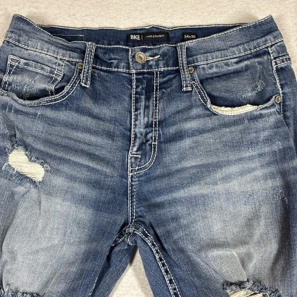 BKE Jake Straight Jeans Mens 34x30 Blue Medium Wash Denim Distressed Thrashed
